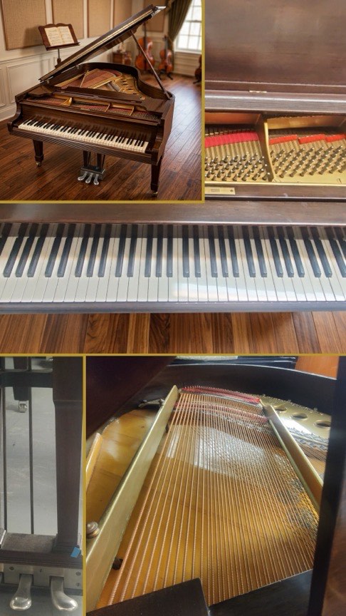 Composite of Steinway & Sons Model M 1926 mahogany grand piano showing multiple views including keyboard and interior details